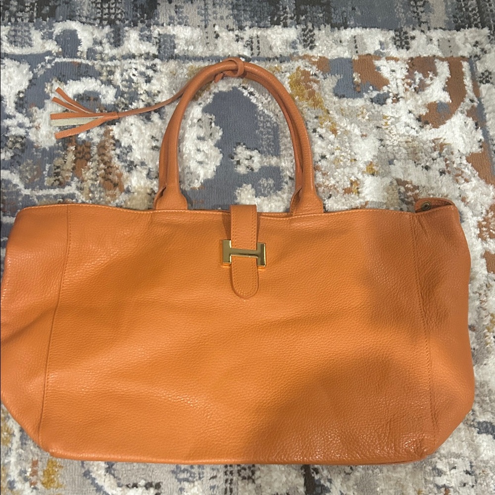 Orange Pebbled Leather Tote with Gold Accent
